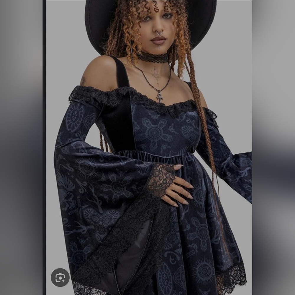 Killstar Blue Gothic Dress With Black Lace Trim And Stunning Bell Sleeves